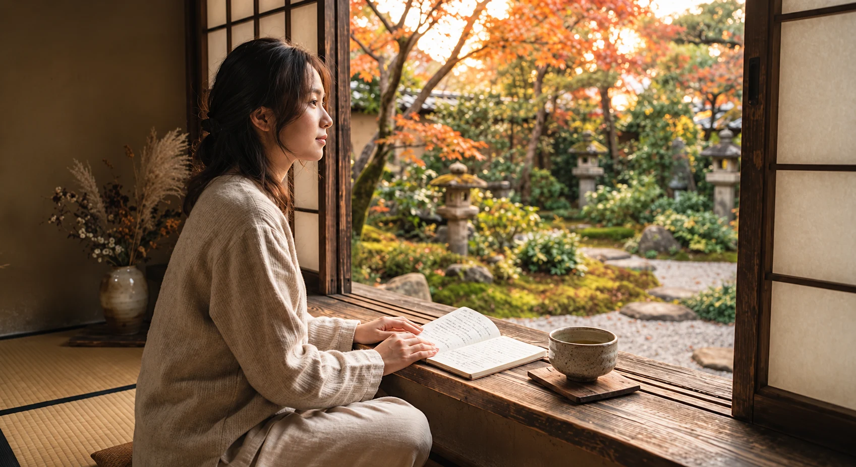 Minh họa một người trẻ bên cửa sổ, cuốn sổ và khu vườn mùa thu trong nắng ấm.