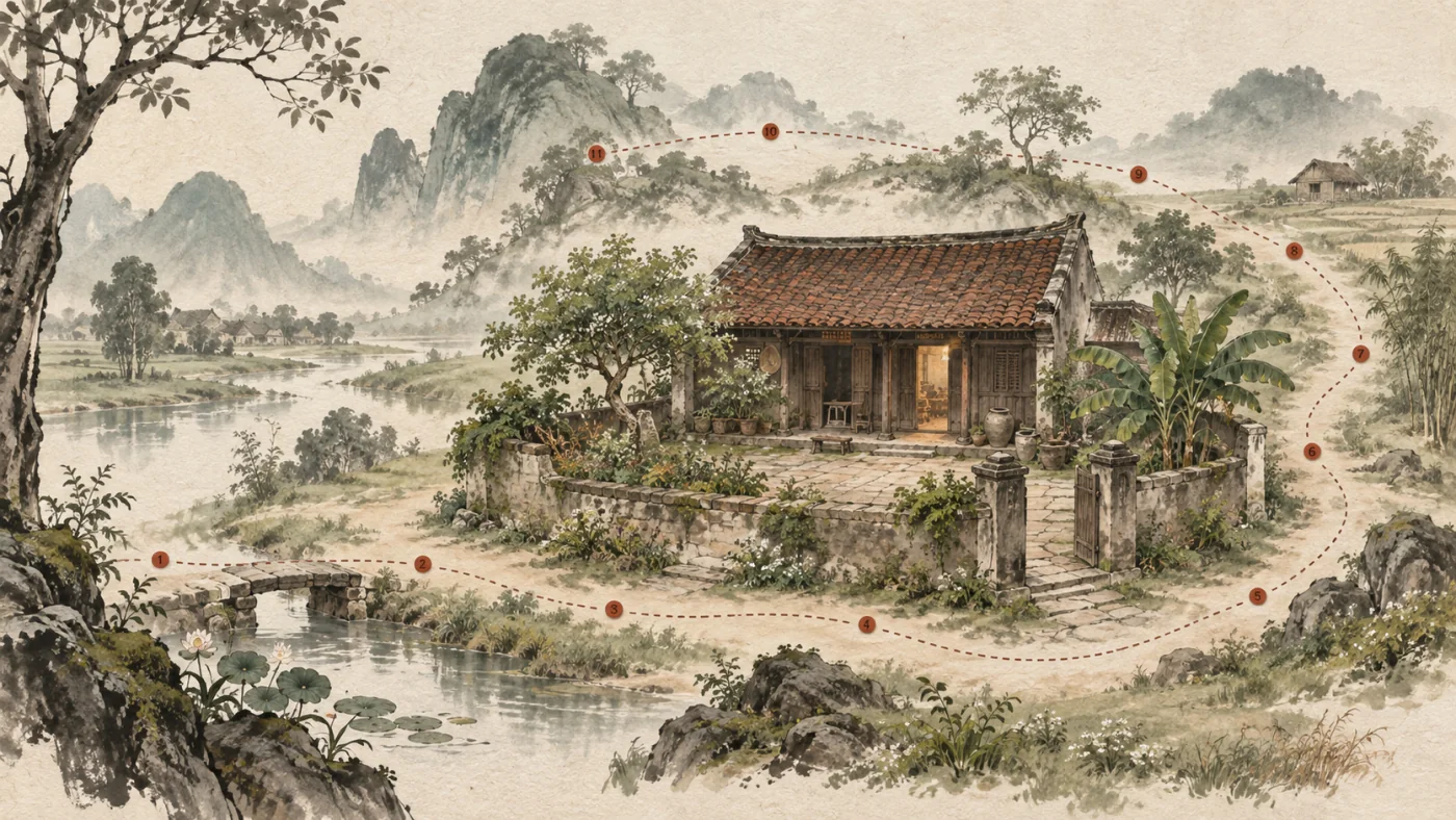Bản đồ minh họa căn nhà Việt, khu vườn và con đường nối mười một chặng.